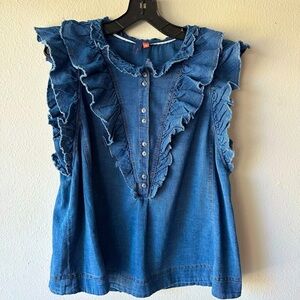 Pilcro Denim Ruffled Bib Collar Blouse